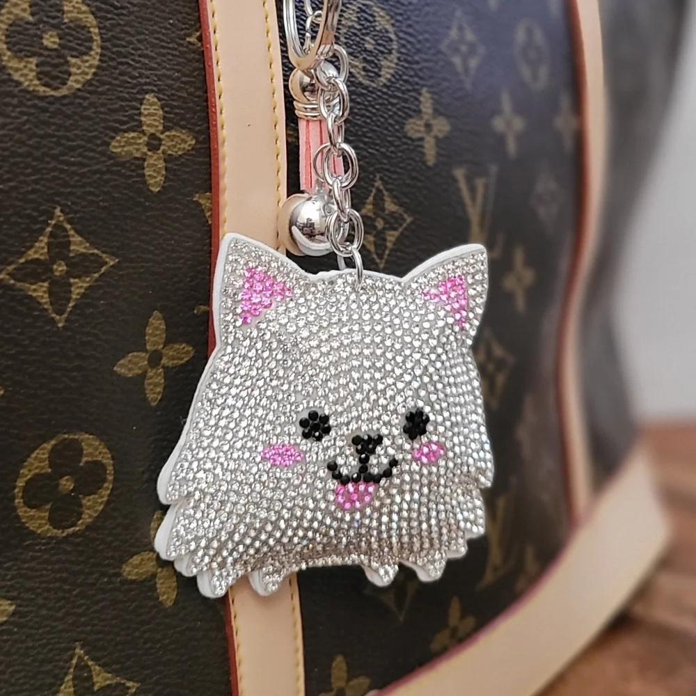 Bling Pomeranian Dog Crystal Rhinestone Keychain Bag Charm With Pink Tas…